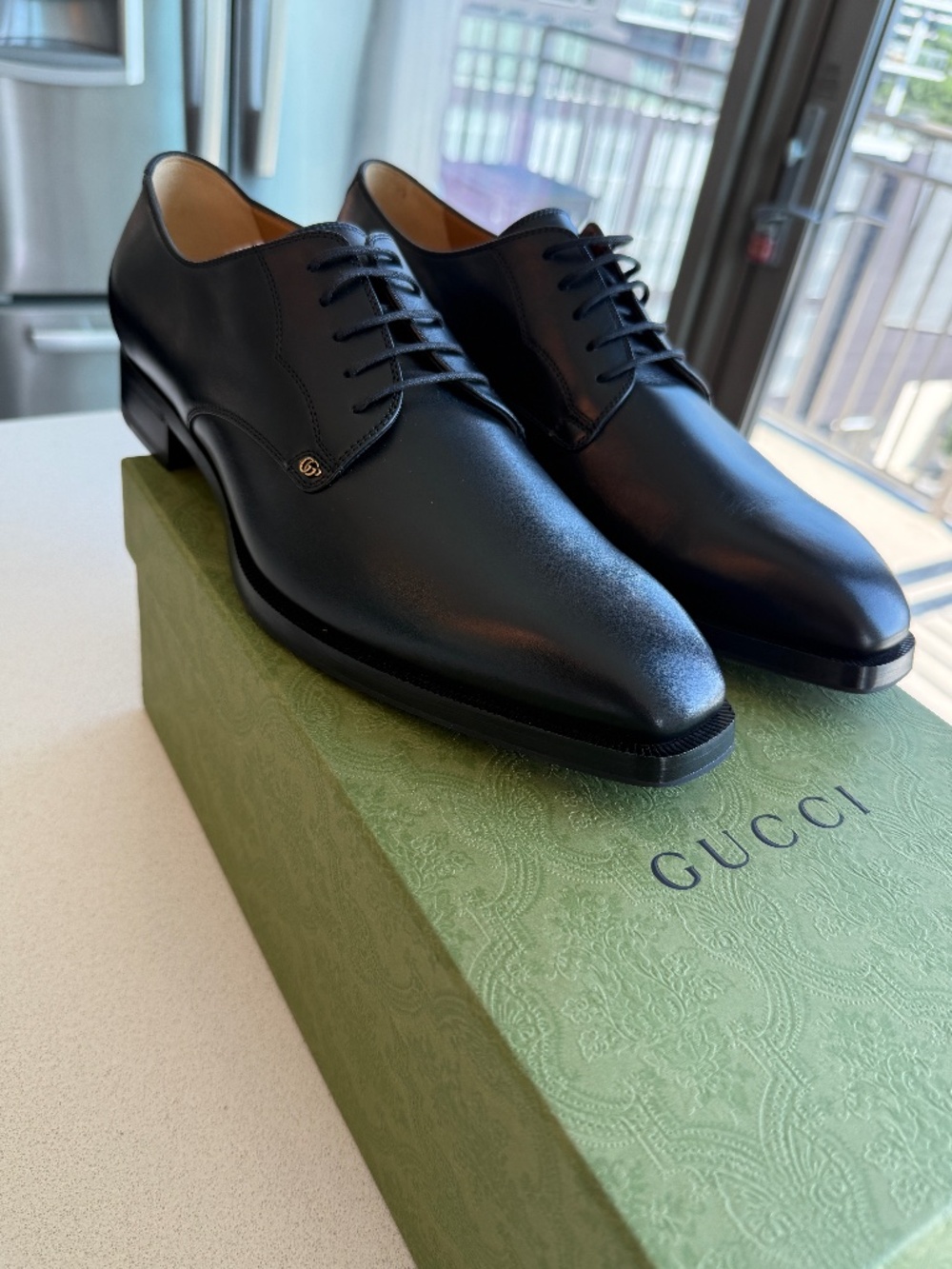 BRAND NEW GUCCI Black Leather Logo Oxfords Men’s 12 Gold Double G Dress Shoes